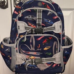 Pottery Barn Kids Blue and Gray Backpack with Car Print Hot Wheels